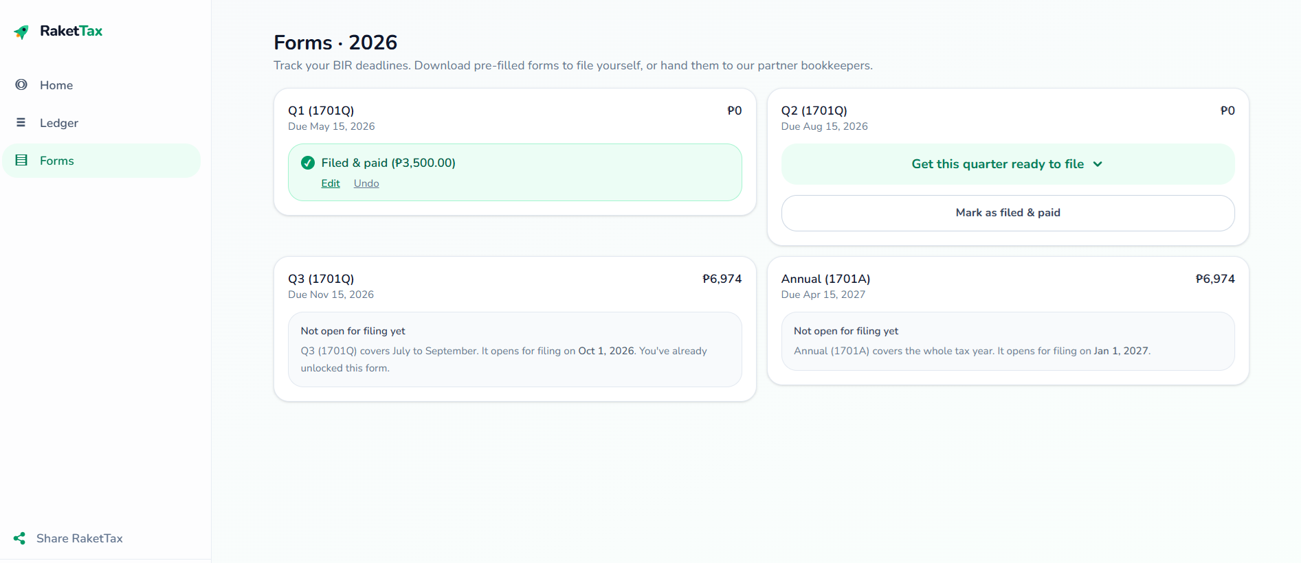 The RaketTax Forms page, tracking each quarter's 1701Q and the annual 1701A by deadline and filing status, with a button to prepare the current quarter