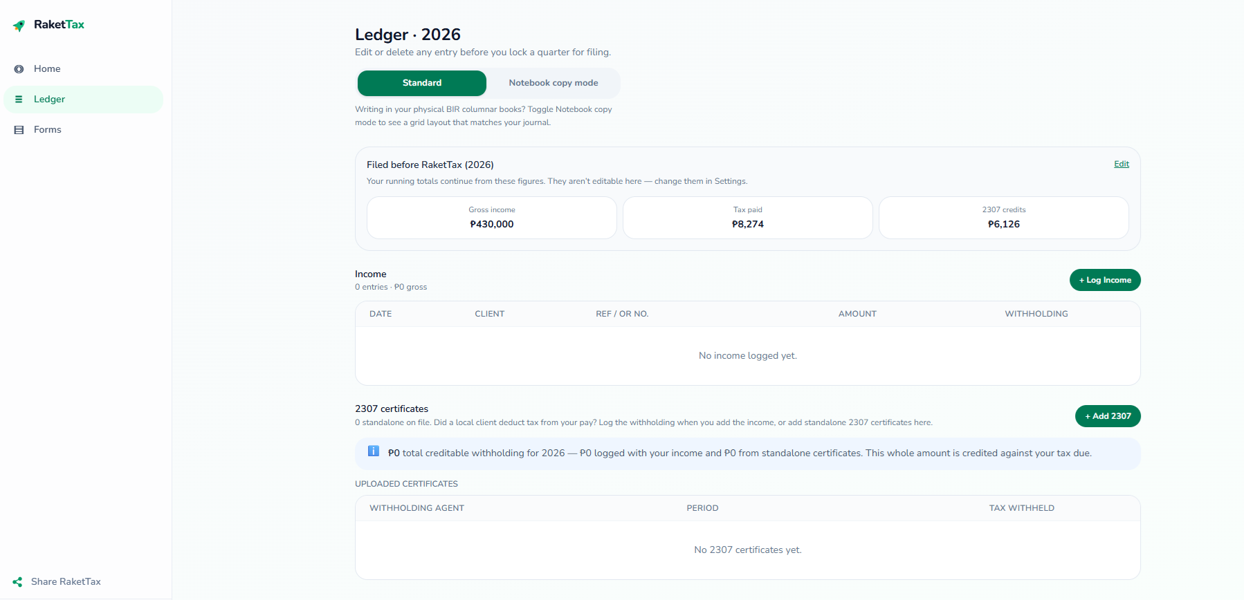 The RaketTax 2026 ledger, showing prior-year totals carried forward above an income log and a section for 2307 withholding certificates